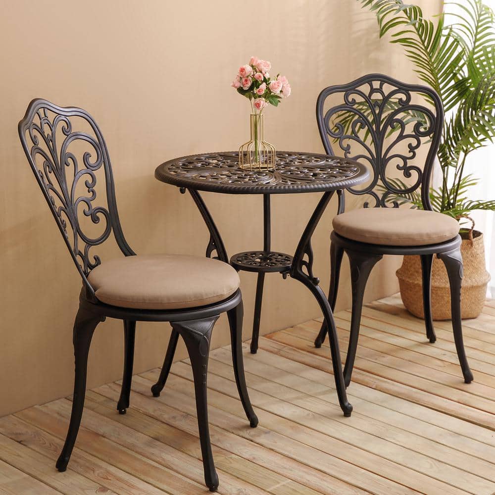 Black 3-Piece Rust-Resistant Aluminum Outdoor Bistro Set Dining Set with Ta