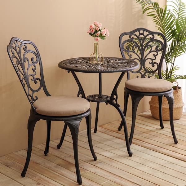 Unbranded Black 3-Piece Rust-Resistant Aluminum Outdoor Bistro Set Dining Set with Tan Cushion and 1.77 in. Umbrella Hole
