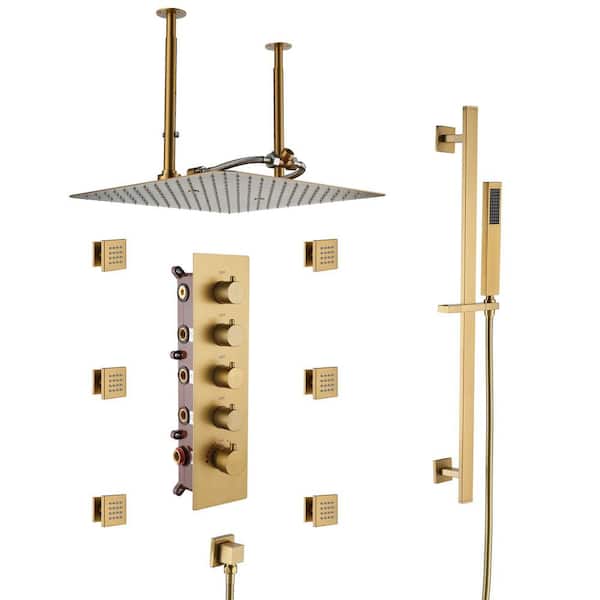 Mondawe Atmore Multiple 15-Spray Patterns Dual 16 in. Ceiling Mount Rainfall Shower Heads 2.5 GPM with 6-Jet, Valve in Champagne