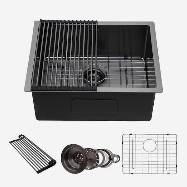 23 in. Undermount Single Bowl16-Gauge Gunmetal Black Stainless Steel Round Corner Kitchen Sink With Strainer
