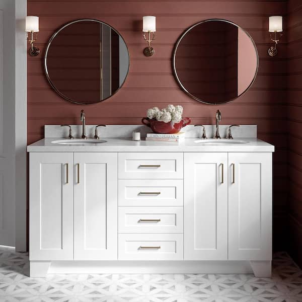 ARIEL Taylor 67 in. W x 22 in. D x 36 in. H Double Sink Freestanding Bath Vanity in White with Carrara White Marble Top