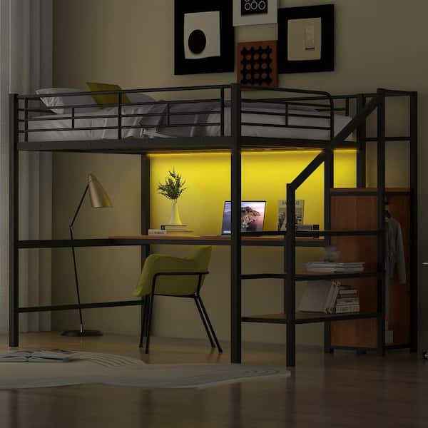 Black and Brown Full Size Metal Loft Bed with Desk, Storage Staircase, Wardrobe, LED Light with 7-Colors