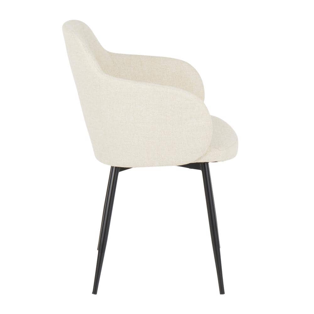 High-Back Cream Upholstered Arm Chair with Black Metal and Cane Accents