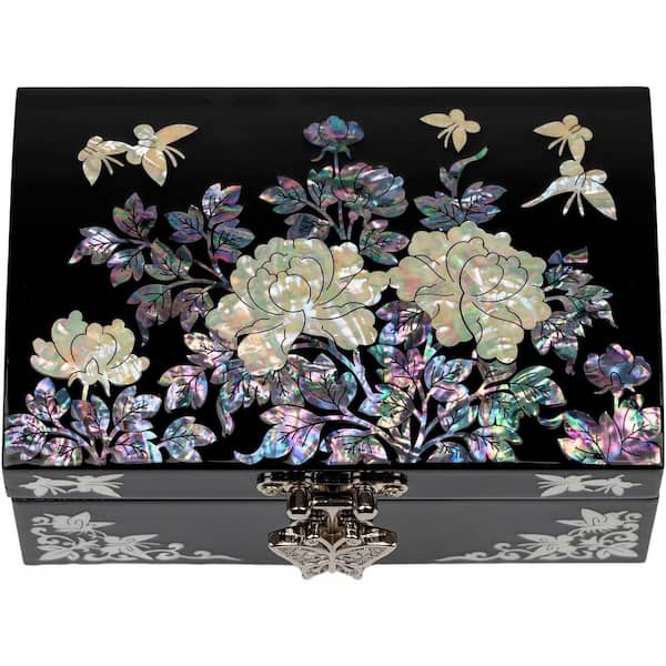 Unbranded Black Jewelry Box Lacquered Keepsake with Floral and Butterfly Design