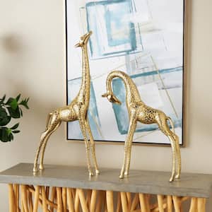 Gold 4 in. x 32 in. Aluminum Metal Standing Giraffe Sculpture with Carved Spots (Set of 2)