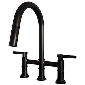 Modern Double Handle 3-Holes Deck Mount Bridge Kitchen Faucet with 2-Sprayer Patterns and 360 Swivel Spout in Black