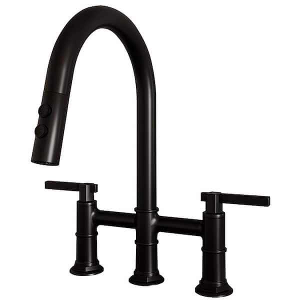 BWE Modern Double Handle 3-Holes Deck Mount Bridge Kitchen Faucet with 2-Sprayer Patterns and 360 Swivel Spout in Black