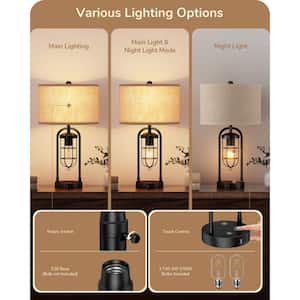 22.84 in. Black Traditional Table Lamp Set with Dimmable Touch Control Night Light, USB Ports and Beige Shade (Set of 2)