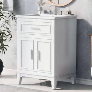 24 in. W Single Sink Freestanding Bath Vanity in White with White Ceramic Top, 1 Drawer and Doors