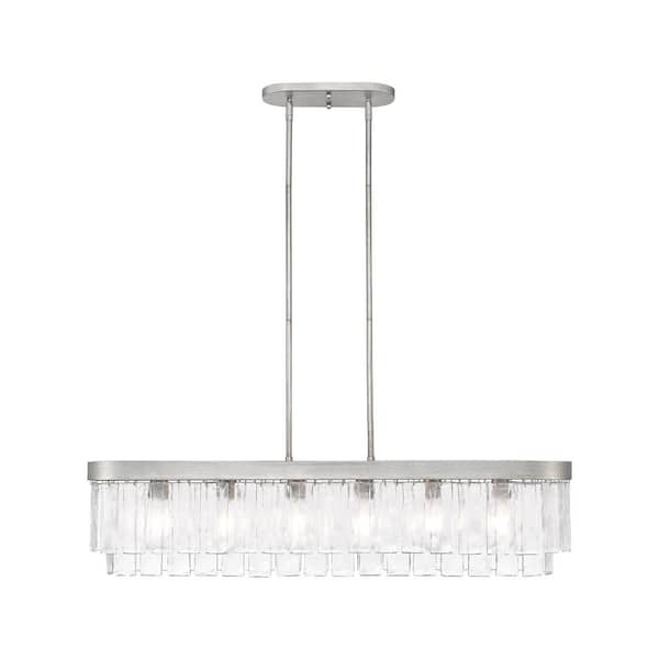 Ciara 360-Watt 6 Light Peruvian Silver Statement Pendant Light with Hammered Water Glass Shade, No Bulbs Included
