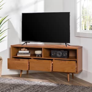 52 in. Caramel Solid Wood Mid Century Modern Corner TV Stand with 3-Drawers Fits TVs up to 58 in.