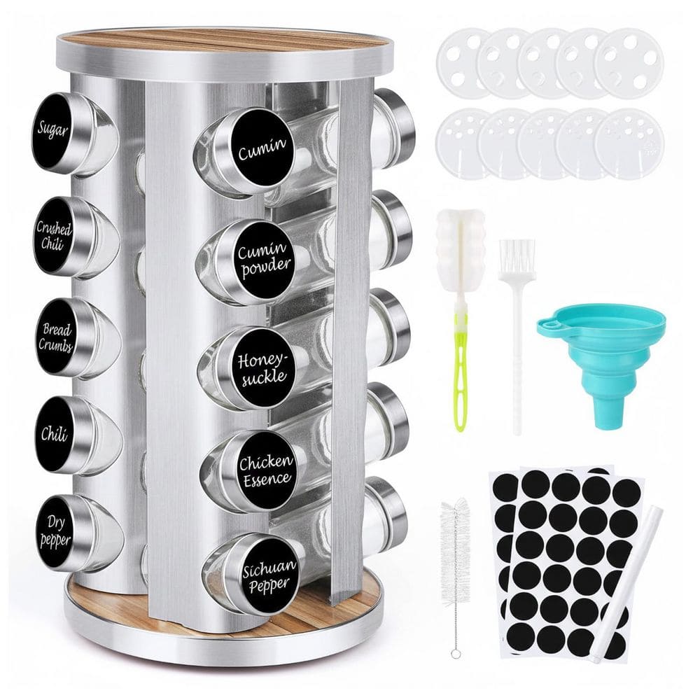 Anqtovp 20 Piece Stainless Steel Wooden Rotating Countertop Spice Rack ...
