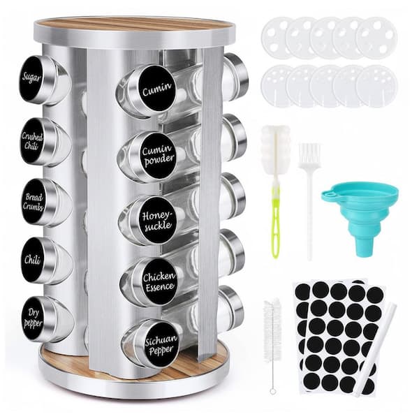 20 Piece Stainless Steel Wooden Rotating Countertop Spice Rack Organizer for Kitchen Pantry with Jars and Labels