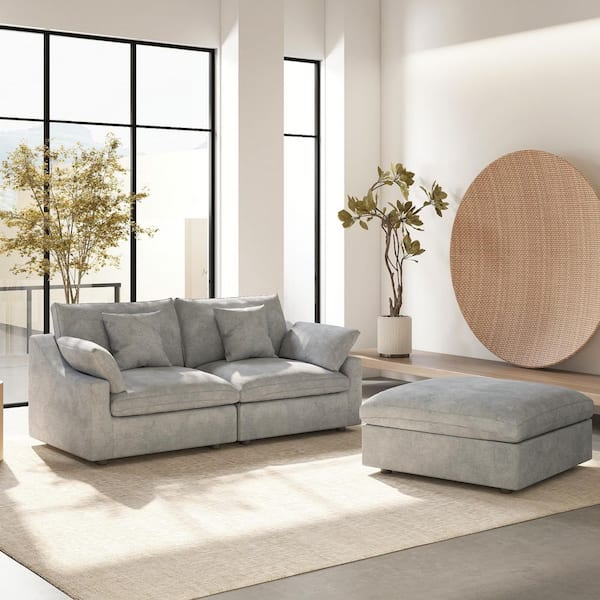 83 in. Square Arm Linen Oversized 3-Piece Comfy Loveseat Modular Sectional Sofa with Ottoman in Light Gray