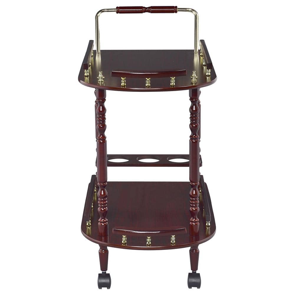 Elegant Merlot and Brass Round Serving Cart with Wine Storage