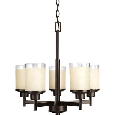 Alexa Collection 5-Light Antique Bronze Etched Umber Linen With Clear Edge Glass Modern Chandelier Light