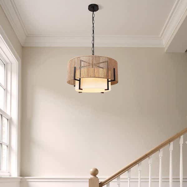 YANSUN 20 in. 4-Light Black and Brown Rattan Chandelier Boho