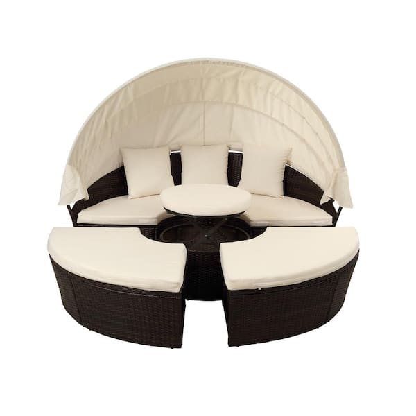 Tunearary Brown Rattan Wicker Outdoor Patio Day Bed with Beige Cushions