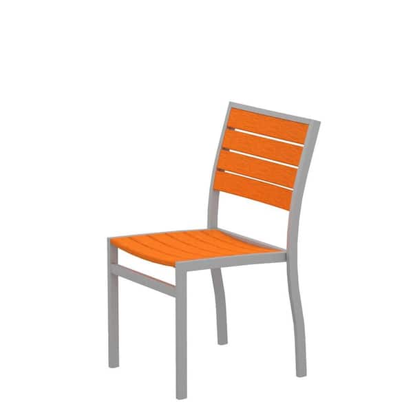 POLYWOOD Euro Textured Silver Patio Dining Side Chair with Tangerine Slats