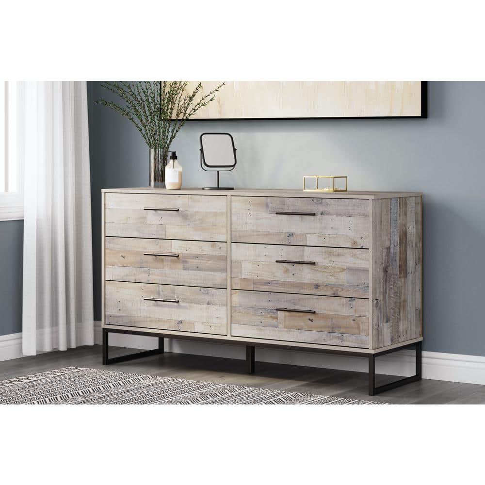 Beige and Black 6-Drawer Mid-Century Modern Dresser