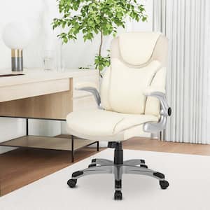Faux Leather Swivel Ergonomic Office Chair PU Leather Executive with Flip-up Armrests in Beige