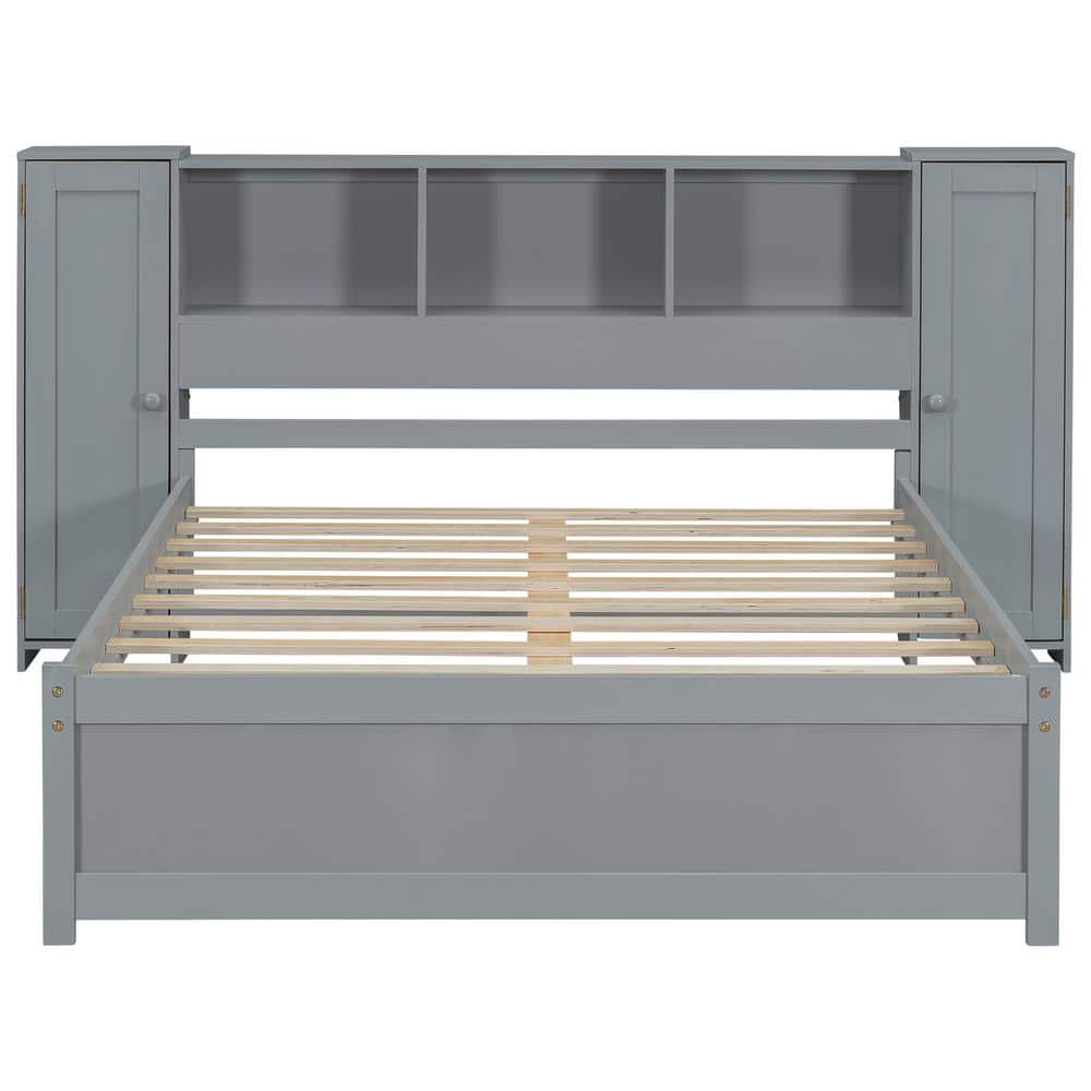 Gray Full Size Wood Platform Bed with Storage Headboard and Cabinets