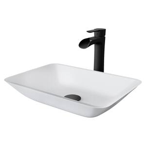Matte Shell Sottlie Glass Rectangular Vessel Bathroom Sink in White with Niko Faucet and Pop-Up Drain in Matte Black