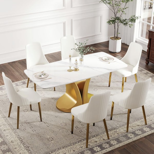 Magic Home 70.8 in. White Rectangle Round Edge Sintered Stone Top Pedestal Pandora Gold Metal Base Dining Table (Seats-8)