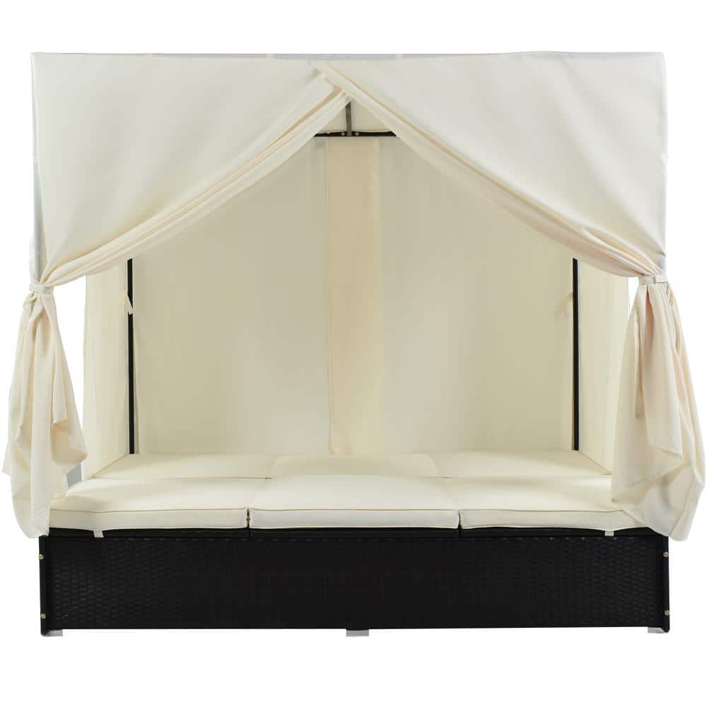 Patio Wicker Outdoor Day Bed with Beige Cushion and Adjustable Seats