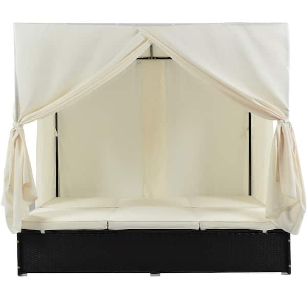 Unbranded Patio Wicker Outdoor Day Bed with Beige Cushion and Adjustable Seats