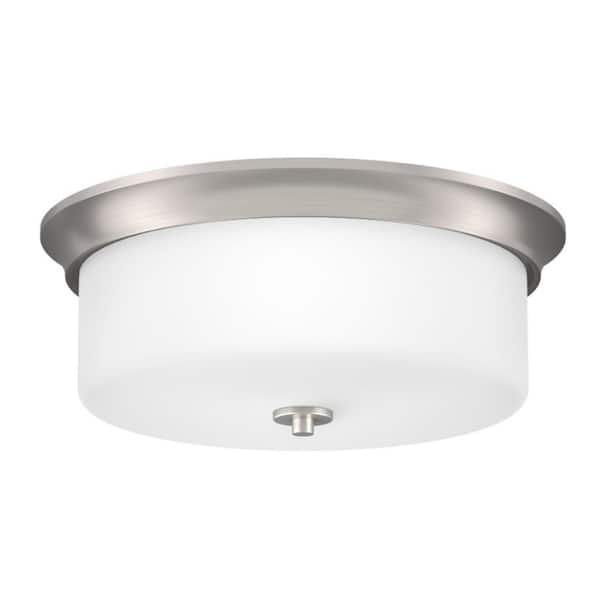 SIGNATURE HARDWARE Gardenville 14.63 in. 1-Light Brushed Nickel Drum Flush Mount with Frosted Glass Shade and No Bulbs Included 1-Pack