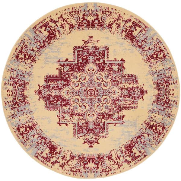 Nourison Grafix Cream/Red 5 ft. x 5 ft. Persian Medallion Transitional Round Rug