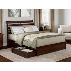 Emelie Walnut Brown Solid Wood Frame Queen Platform Bed with Panel Footboard and Storage Drawers