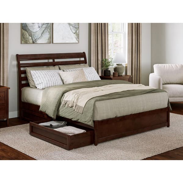 AFI Emelie Walnut Brown Solid Wood Frame Queen Platform Bed with Panel Footboard and Storage Drawers