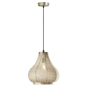 Ingrid 12 in. 1-Light Antique Silver Metal Pendant Lamp with Bell Shade
