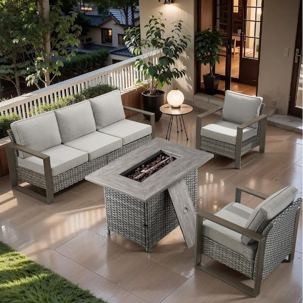 Cube Edge 4-Piece Gray Wicker Fire Pit Conversation Set with Olefin Gray Cushions and Couch/ Patio Lounge Chairs