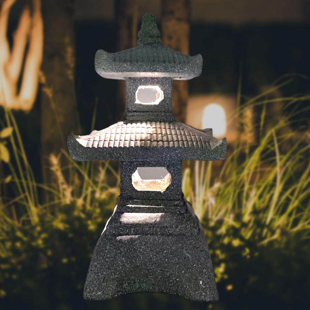 26" Gray Resin Pagoda Garden Lantern with Solar Light