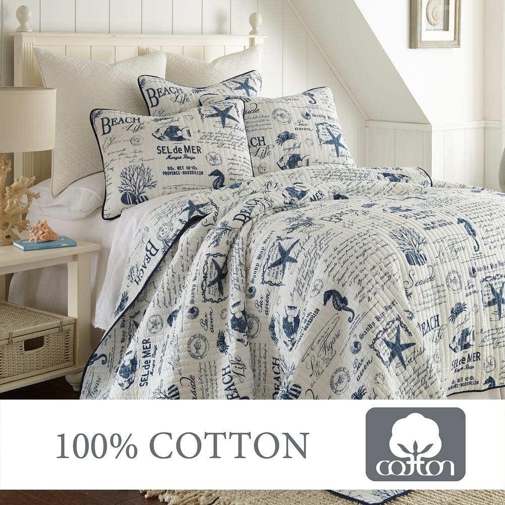 Navy and White Cotton Reversible King Quilt Set
