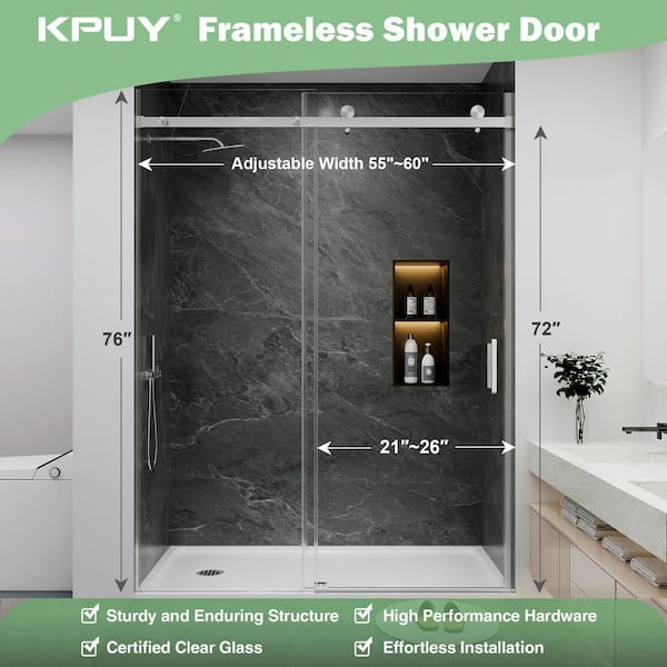 EASYWORC 55 in. - 60 in. W x 76 in. H Sliding Frameless Shower