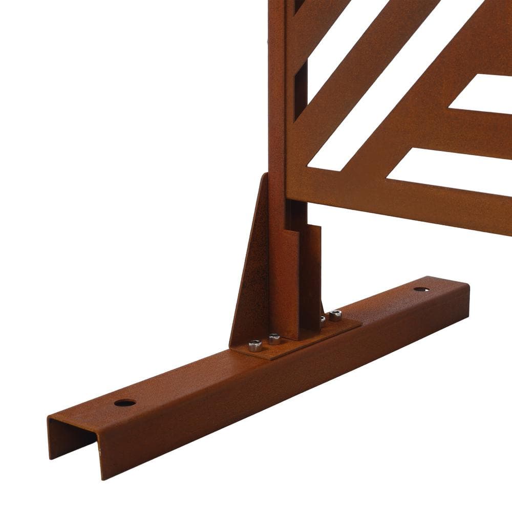 Close-up of the metal base and joint of the rust red privacy screen.