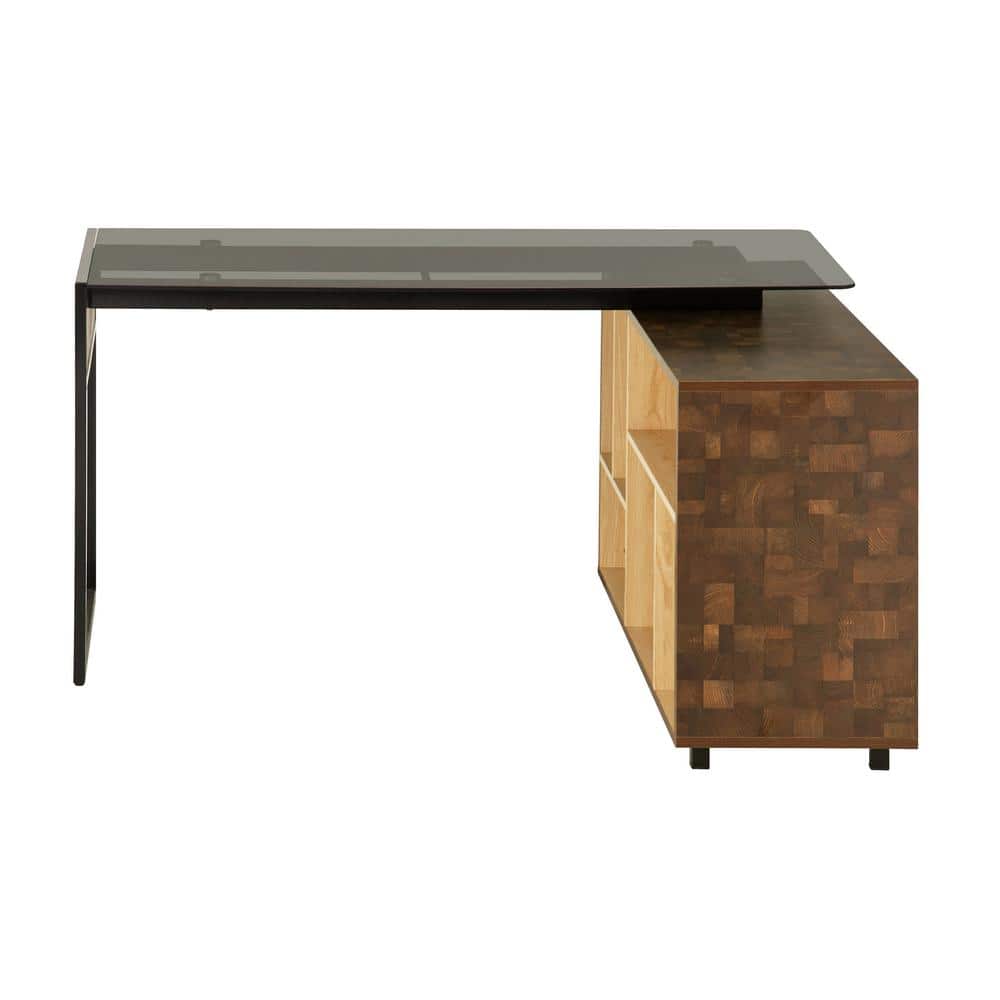 Elegant Rustic Oak L-Shaped Desk with Glass Top & Storage