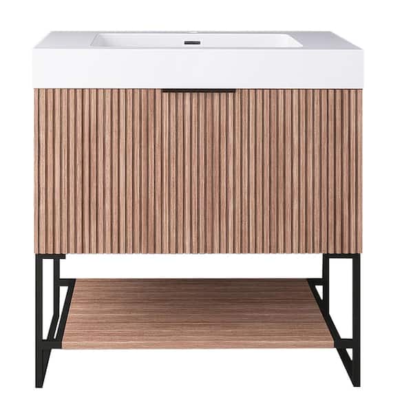 29.92 in. W x 19.69 in. D x 33.46 in. H Freestanding Bath Vanity Set in Walnut with White Acrylic Top
