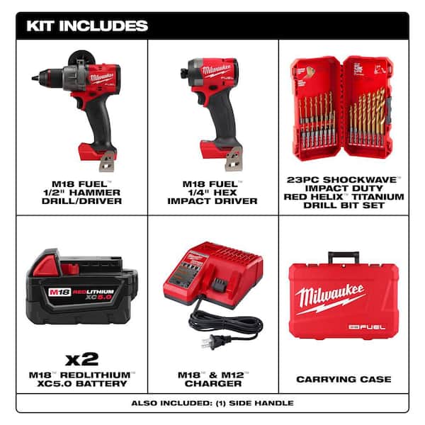 M18 FUEL 18V Brushless Cordless Hammer Drill/Impact 2-Tool Combo Kit w/ 2 Batteries with 23-Pc Titanium Bit Set