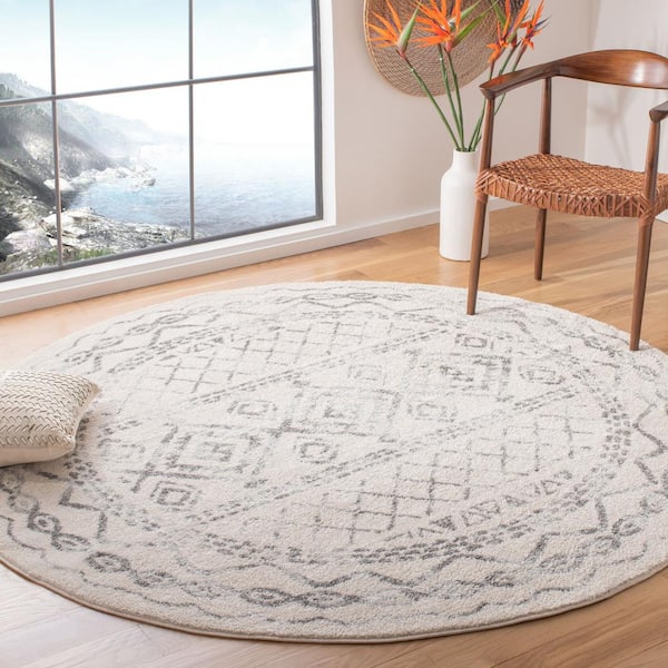 Tulum Ivory/Gray 9 ft. x 9 ft. Round Tribal Distressed Border Area Rug