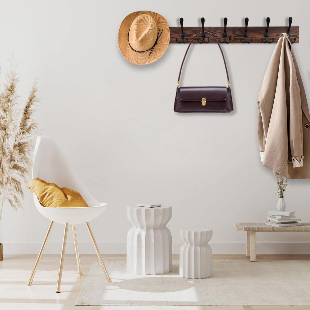 Angel Sar 32.2 in. Large Brown Wood Wall Mounted Coat Rack with 8 Metal ...