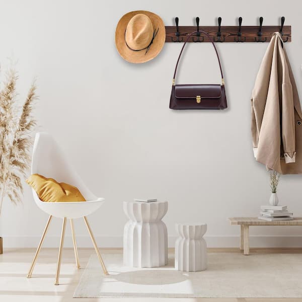32.2 in. Large Brown Wood Wall Mounted Coat Rack with 8 Metal Black Triple-Hooks, Coat Hooks for Hanging Coat and Hat