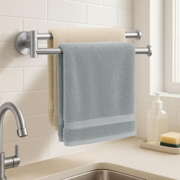 9 in. Wall Mounted Bathroom Kitchen Swivel Towel Bar with 2-Arm in Brushed Finish