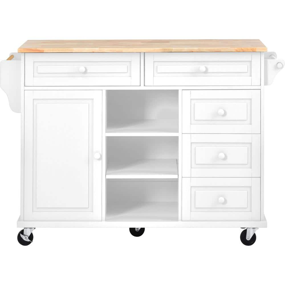 Tileon White Kitchen Island with Solid Wood Desktop, Drawers, Adjust Shelves, Spice Rack and Towel Rack