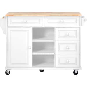 White Kitchen Island with Solid Wood Desktop, Drawers, Adjust Shelves, Spice Rack and Towel Rack