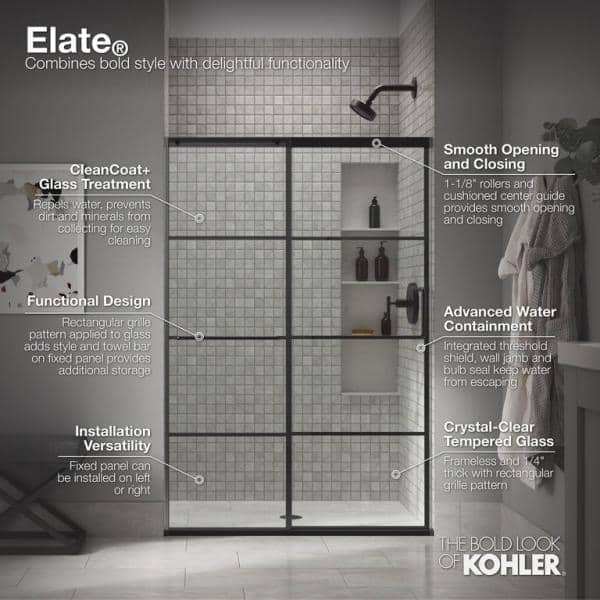 Elate Frameless Sliding Shower Door with Black Hardware and Clear Tempered Glass